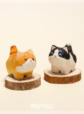 木质木头手工木雕小猫咪奶牛猫汽车摆件办公室桌面装饰品生日礼物