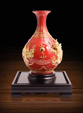 龙凤玉壶春红瓶漆线雕摆件结婚礼物送闺蜜高档实用新婚礼品送新人