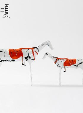 三春三夏 迷彩手绘马摆件书房样板间装饰柜办公室桌面软装工艺品