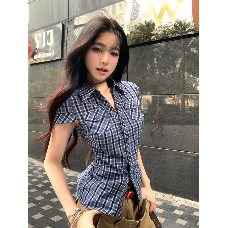 原版格子复古格子短袖衬衫女夏季修身显瘦收腰甜辣妹衬衣上衣