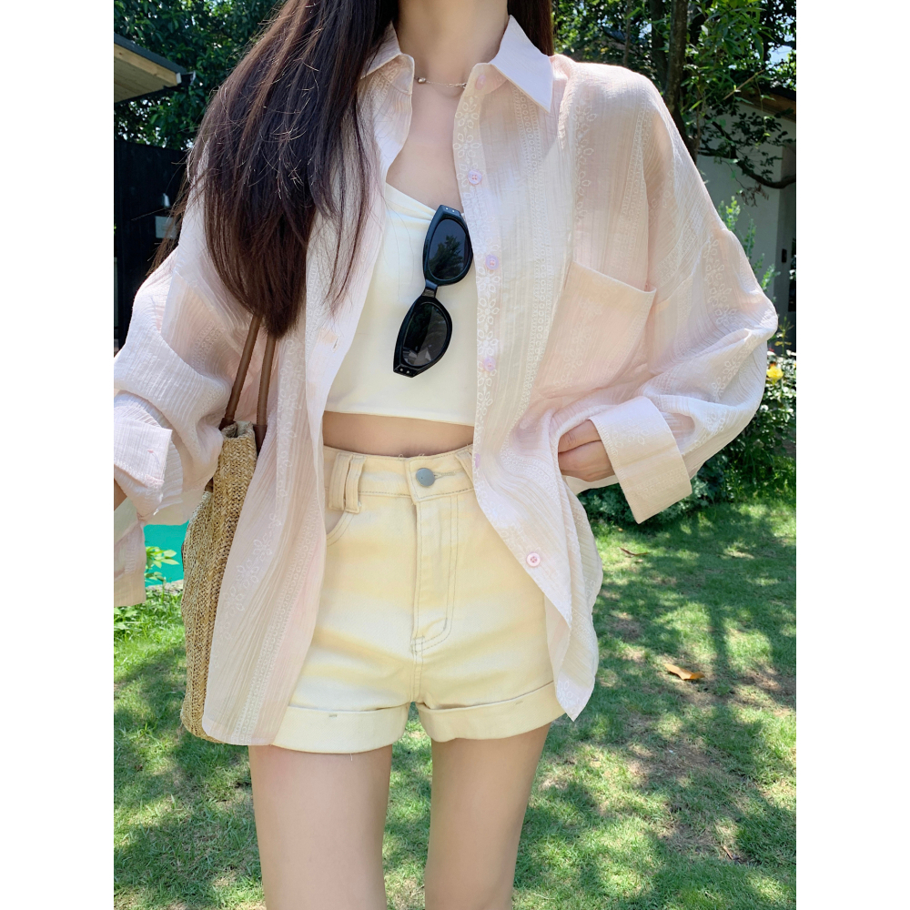 薄款微透防晒衬衫夏季新款宽松长袖衬衣外套休闲女ins