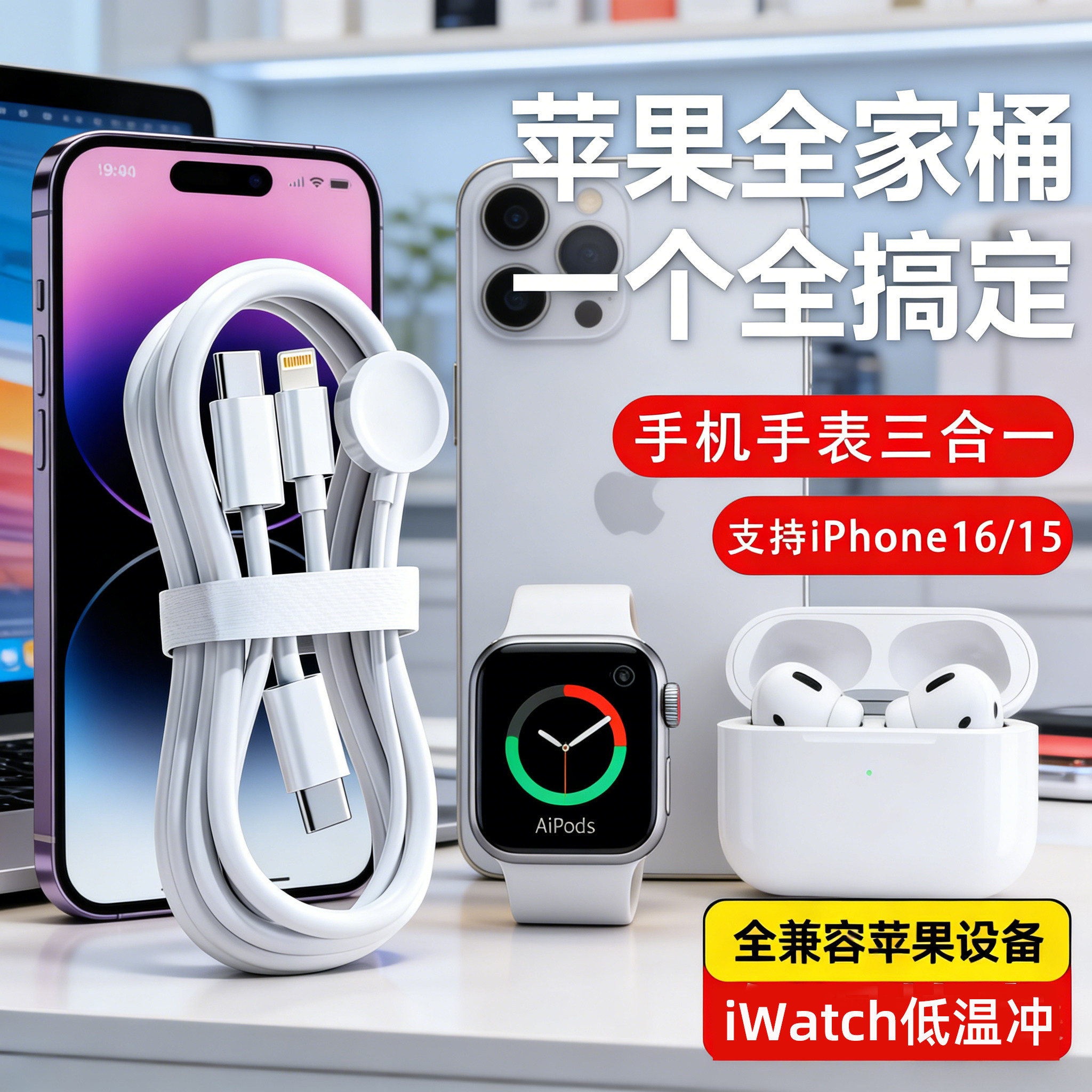 苹果手表充电器三合一磁吸充电线iWatch S10/S9/Ultra2一拖三5W快充无线充电底座PD快充数据线智能手表充电器