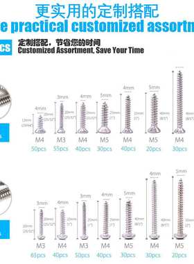 570pcs 304不锈钢跨境盒装螺丝十字槽沉头盘头自攻钉套装盘头自攻