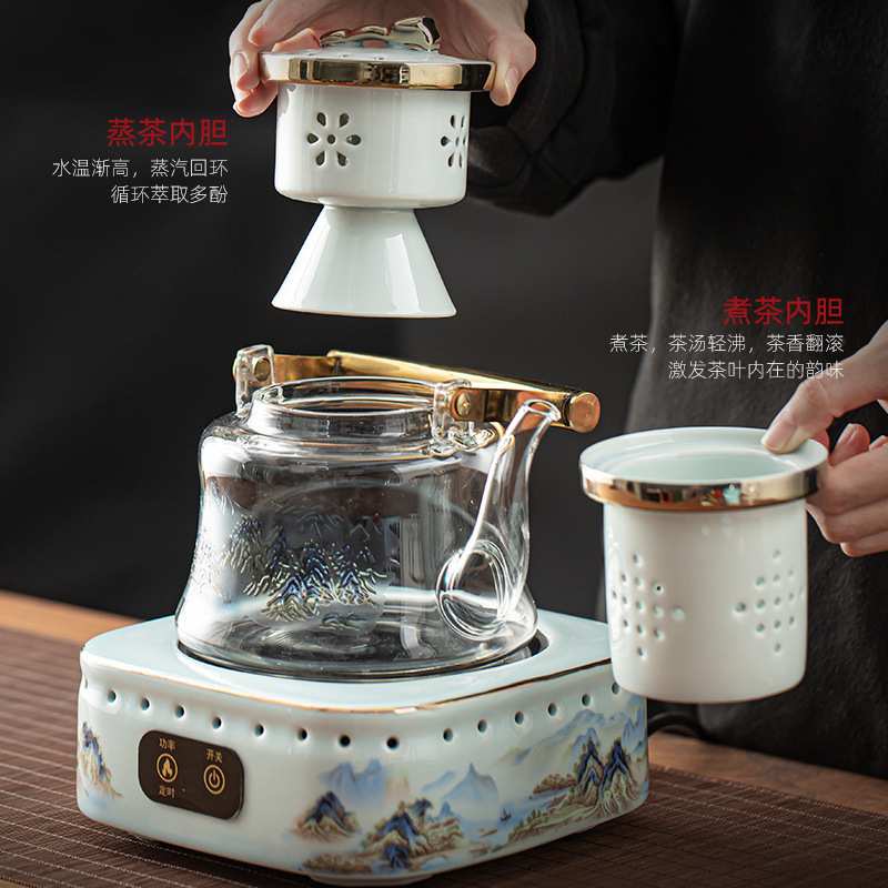 提梁烧水壶茶壶养生壶千里江山电陶炉玻璃煮茶壶茶器家用茶道配件
