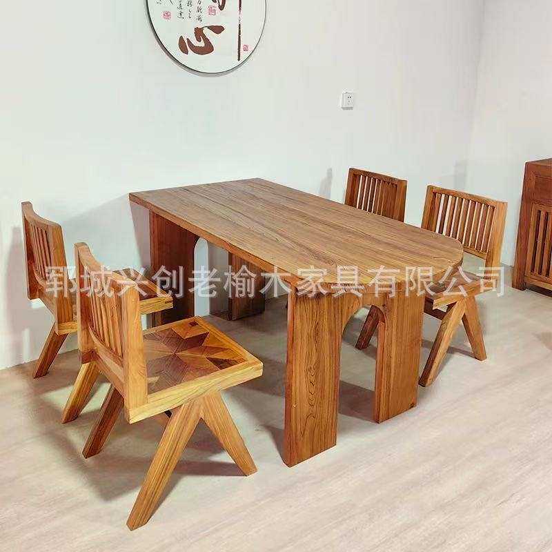 复古禅意餐桌民宿半圆形咖啡餐桌会议桌老榆木餐厅桌椅大板餐桌