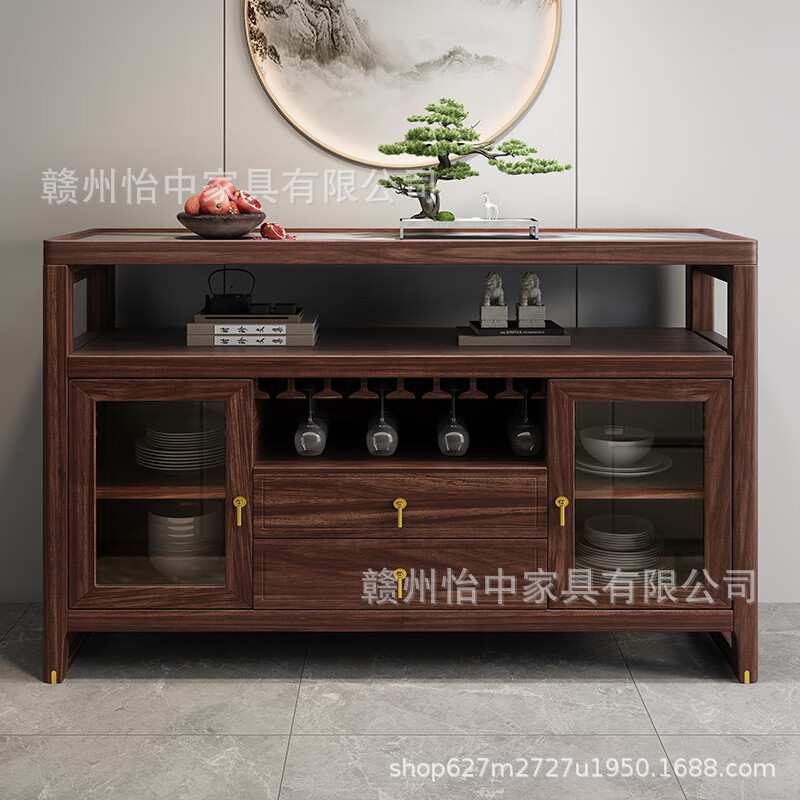 乌金木岩板餐边柜实木两门新中式轻奢高端客厅入户茶边茶水柜靠墙