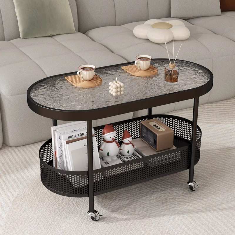 奶油风茶几简约沙发小户型椭圆边几客厅小桌子卧室玻璃移动小推车
