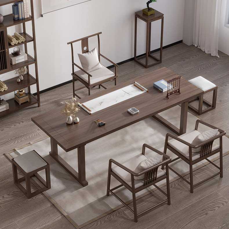 新中式实木茶桌工作室禅意书法国画桌家用书房胡桃木色茶桌椅全套