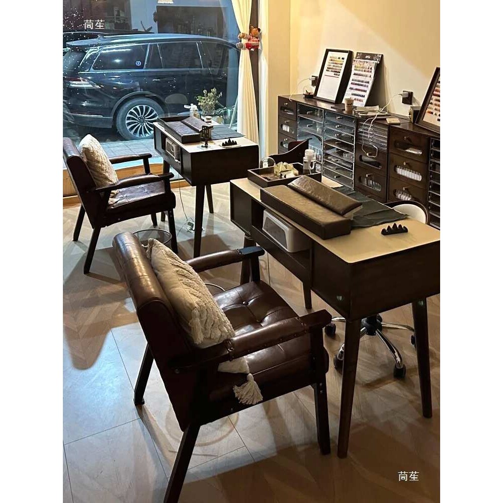 美甲桌椅套装美甲椅子顾客椅中古实木美甲桌高感复古风沙发电脑椅