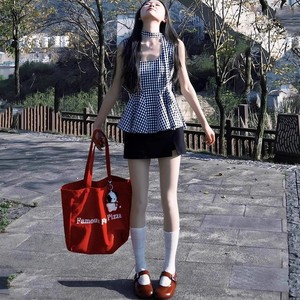 无袖露肩系带背心掐腰上衣女单穿独特漂亮超好看2025新款格子衬衫