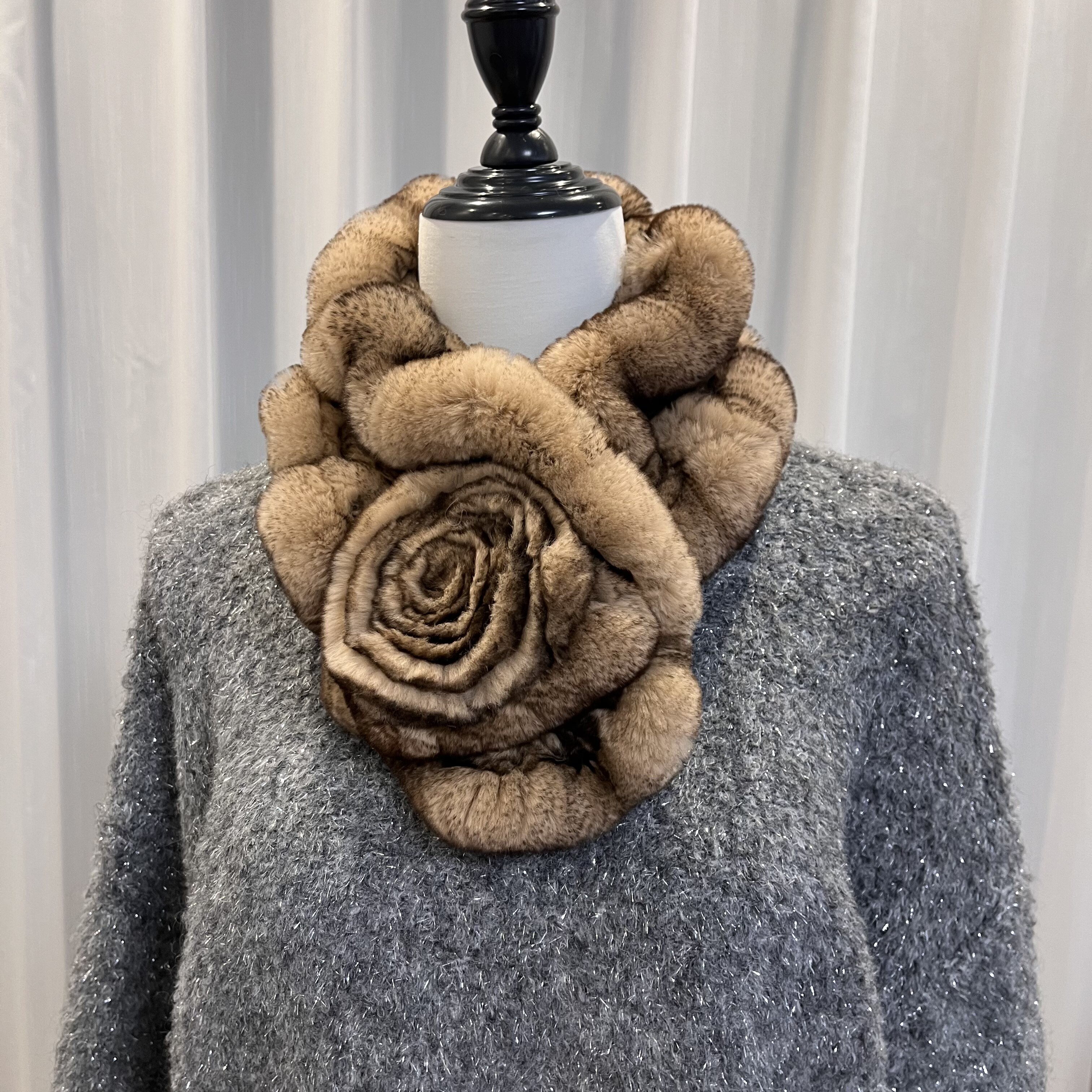 进口獭兔毛围巾韩版冬季皮草围脖名媛气质花朵双面保暖围脖女毛领