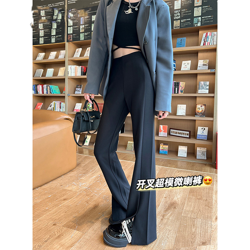 微喇西装裤女夏季2025新款韩版高腰黑色垂感窄版时尚开叉喇叭裤子