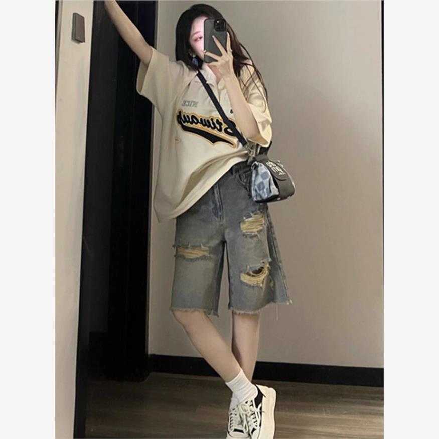 复古破洞牛仔短裤女春季薄款大码胖MM高腰显瘦a字毛边阔腿五分裤