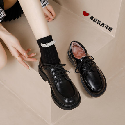 厚底真皮乐福鞋女2025春季新款平底加绒单鞋漆皮黑色英伦风小皮鞋