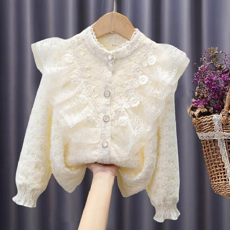 女童春秋衬衫2025新款加绒长袖白衬衣儿童蕾丝纯棉打底衫春季上衣