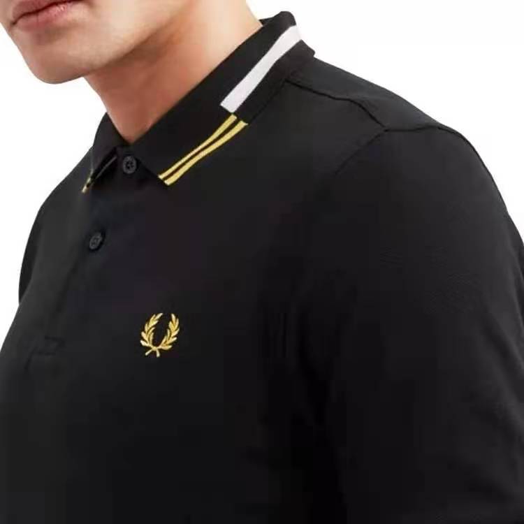 2024热销派瑞FP麦穗黑色商务男士修身polo衫流行拼花纯棉短袖t恤