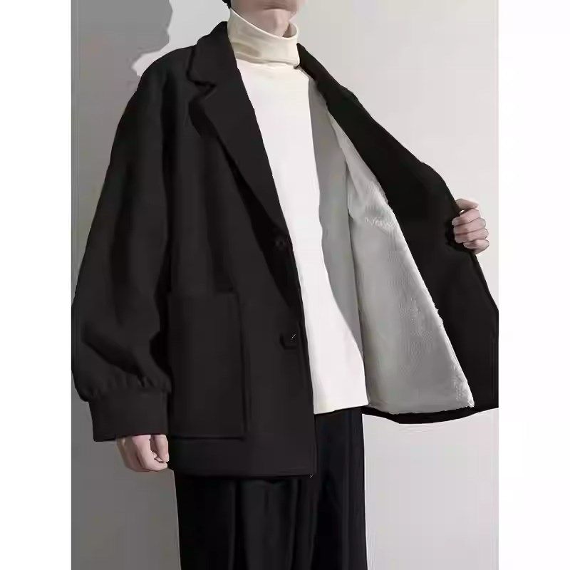 秋冬季呢子大衣高级感羊羔绒外套男短款加绒风衣休闲西装毛呢大衣