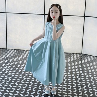 纯棉高级感女童连衣裙夏季儿童法式背心裙蓝色裙子气质长裙中大童