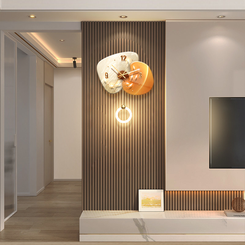 轻奢客厅带钟表装饰画电视背景墙装饰时钟挂墙壁灯高级感餐厅挂钟