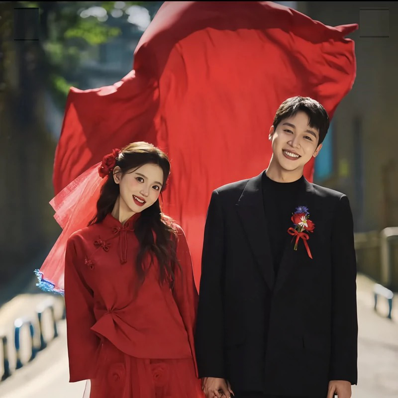 领证拍照出片道具婚纱照外景拍摄晨拍中国红超大背景布结婚敬酒杯