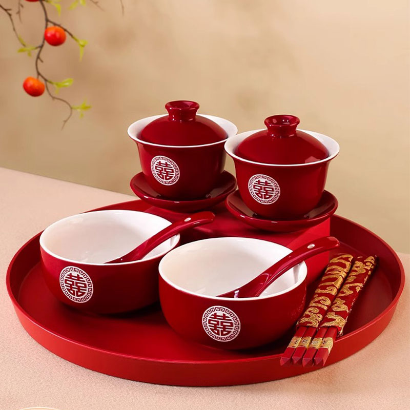 婚礼敬茶茶具套装改口红色喜茶杯