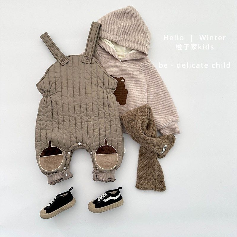 婴儿夹棉连体背带裤2025冬款男童加绒加厚棉裤洋气女宝宝保暖裤子