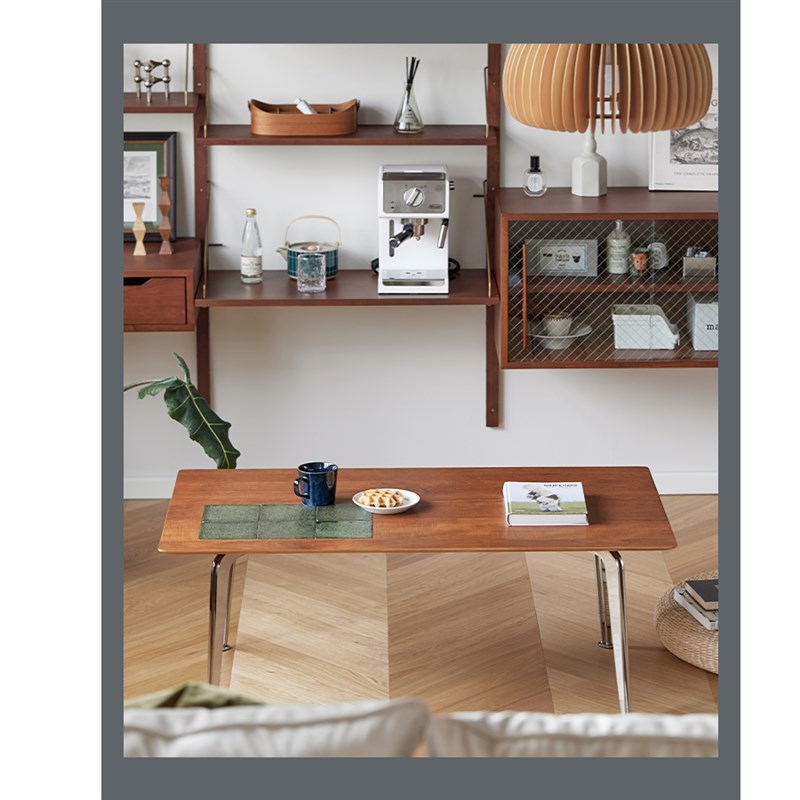 轻宅纪北欧中古柚木实木长方形茶几不锈钢艺术小户型客厅家用