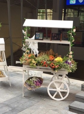 欧式田园乡村复古做旧木质花架手推车花房花车店铺橱窗摆件置物架