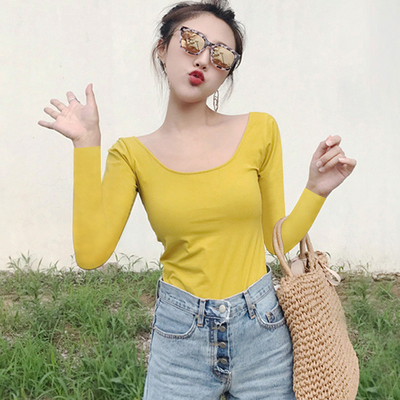 黑色低领打底衫女秋冬薄款纯棉u领内搭春秋加绒加厚百搭紧身长袖