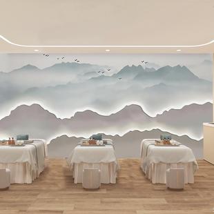 墙纸3d立体山水壁画养生足疗店美容院采耳馆壁布轻奢背景墙 新中式