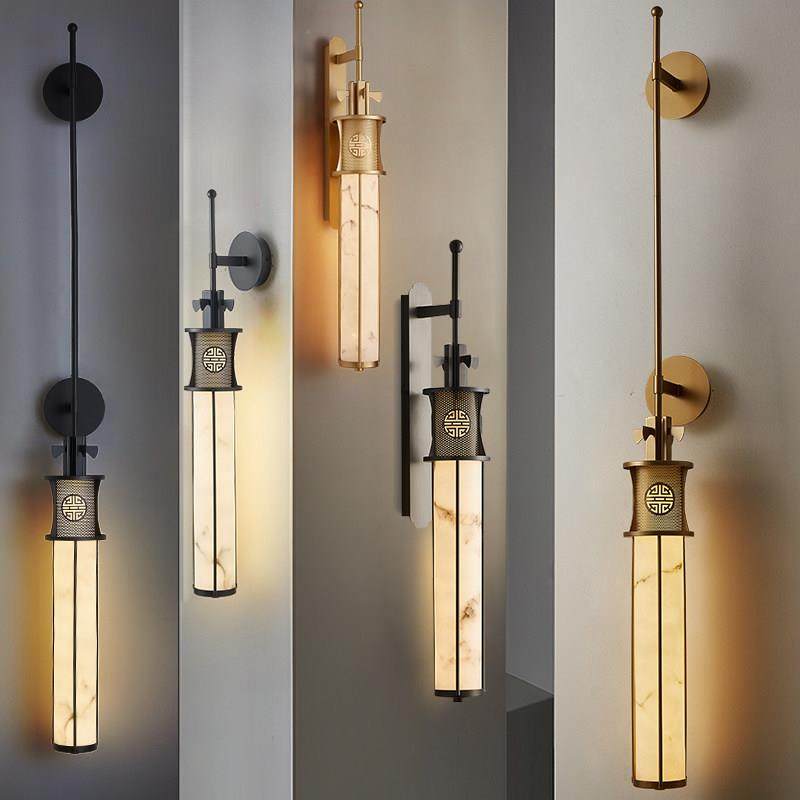 新中式金属壁灯长杆云石灯过道设计师高级感客厅背景墙壁灯2025款