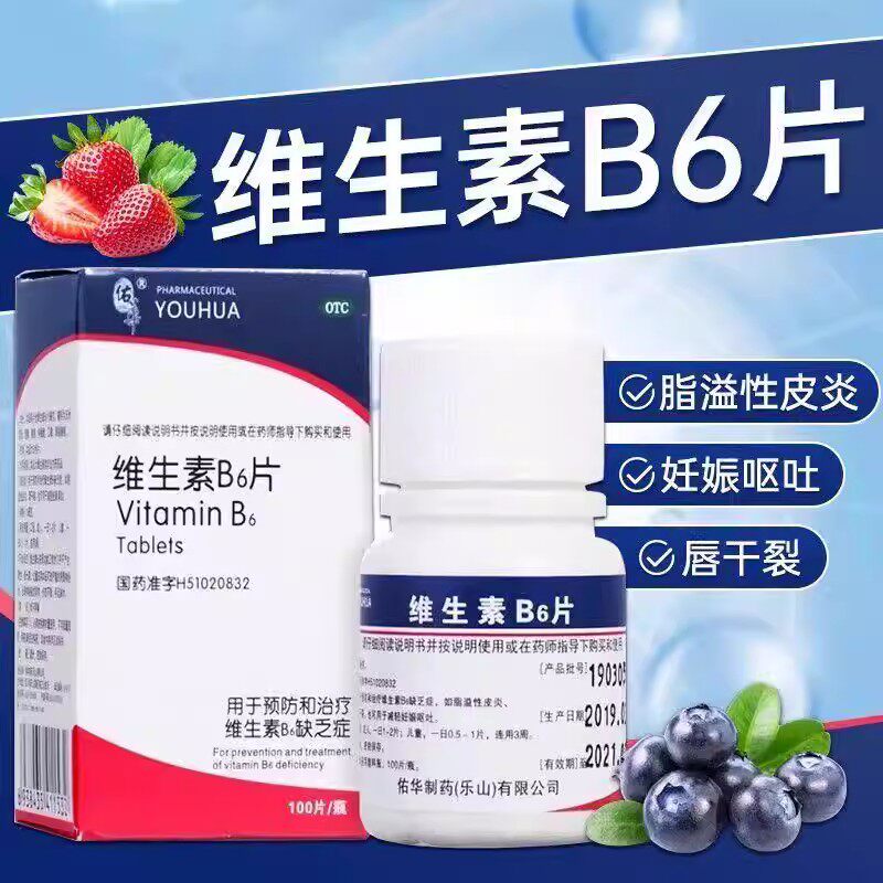维生素B6补充片剂用于缺乏性皮炎唇裂及孕吐 佑华维生素B6片100片