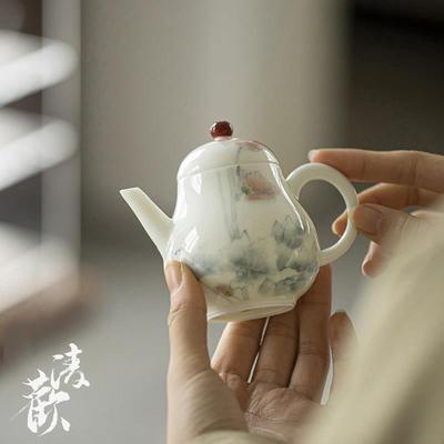 清欢丨明知山志 玉泥手绘茶壶 步步生莲壶一人饮高档白瓷手执壶