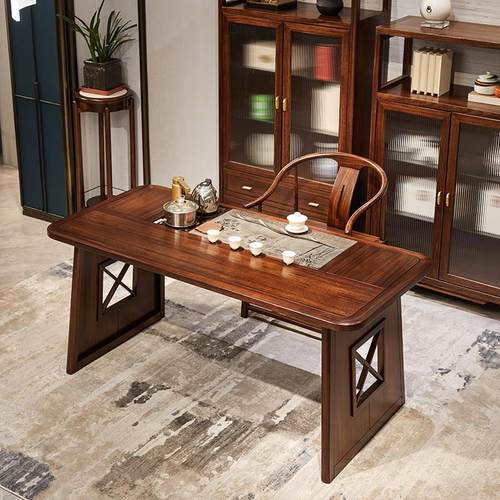 新中式乌金木实木功夫茶桌乌金石茶盘一体茶台办公室泡茶桌椅组合