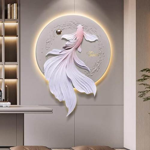 【悠然上游】玄关浮雕壁饰轻奢高档灯画金鱼寓意装饰画背景墙挂件