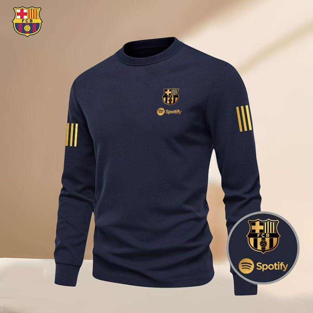 270g重磅100%纯棉皇马巴萨足球训练T恤衫男女休闲宽松运动长袖ins