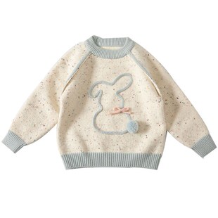 女童毛衣冬季2024新款加厚宝宝圆领针织衫外穿紫色加绒保暖内搭