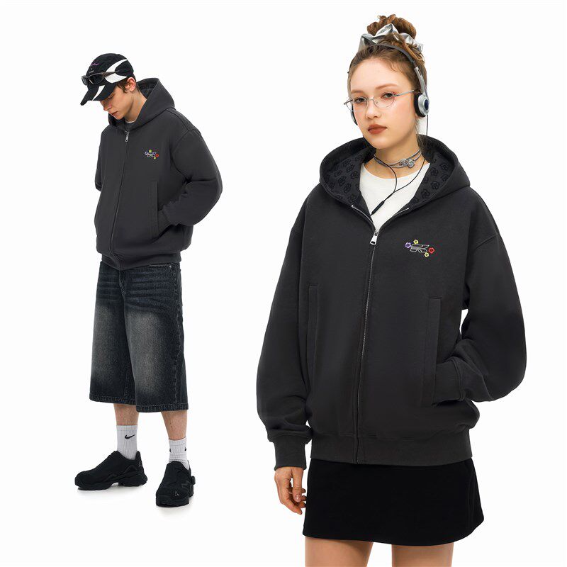 KXLFCHN空穴来风 复古灰色连帽开衫卫衣男女春秋宽松拉链休闲外套