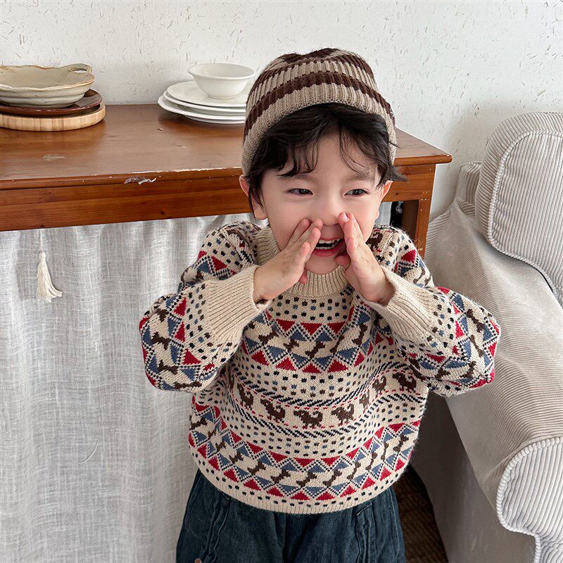 暮晨家新款冬装2024男童加厚半高领毛衣中小童复古风提花毛衣内搭