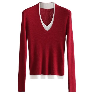 红色超细羊毛针织衫假两件V领拼色修身毛衣柔软亲肤双层打底衫
