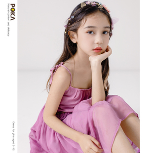 女童连衣裙2021新款夏中大童洋气紫色公主裙沙滩裙纱裙雪纺吊带裙