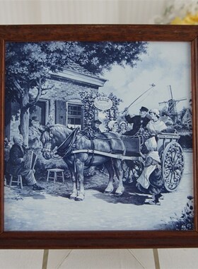 西洋收藏品手工制作实木画框瓷砖画欧式复古居家装饰陶瓷挂画摆件