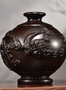 黑檀木雕刻花开富贵花瓶摆件客厅插花装饰家居实木质中式开业礼品