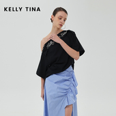明星同款 KELLY TINA印花斜肩短袖 2025新款 设计感显瘦船领T恤