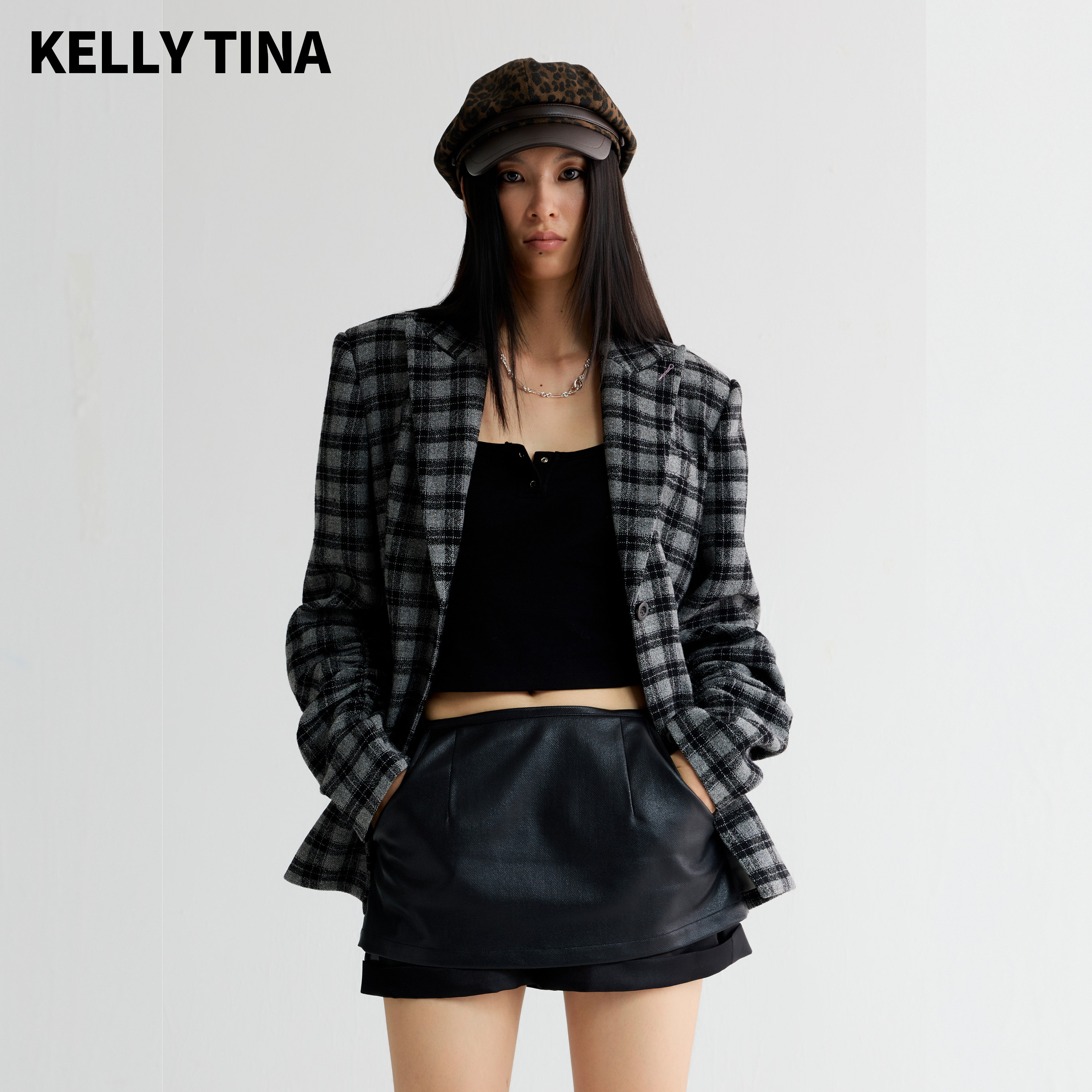 KELLY TINA复古老钱格纹羊毛西装2026秋抽褶袖设计感收腰西服外套