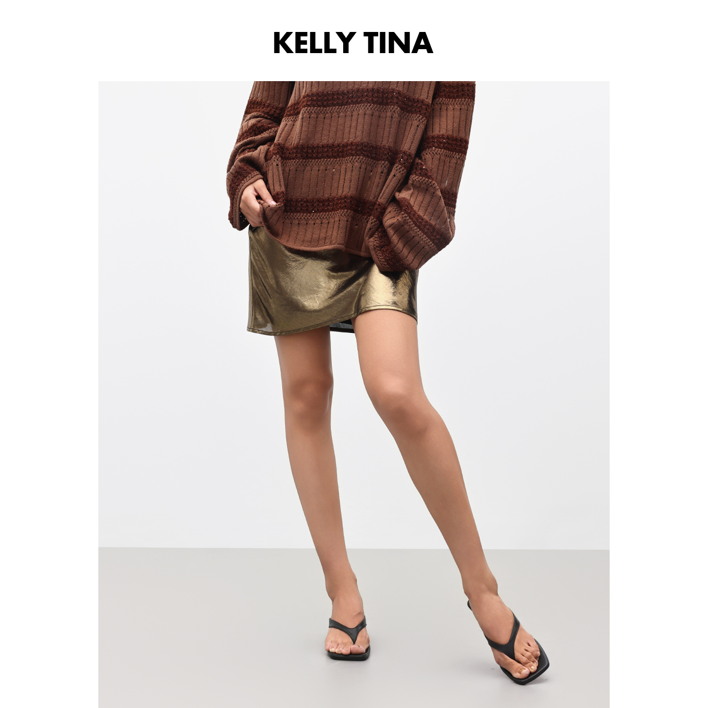 KELLY TINA落日鎏金雪纺短裙女2025新款法式优雅百搭透薄半身裙子