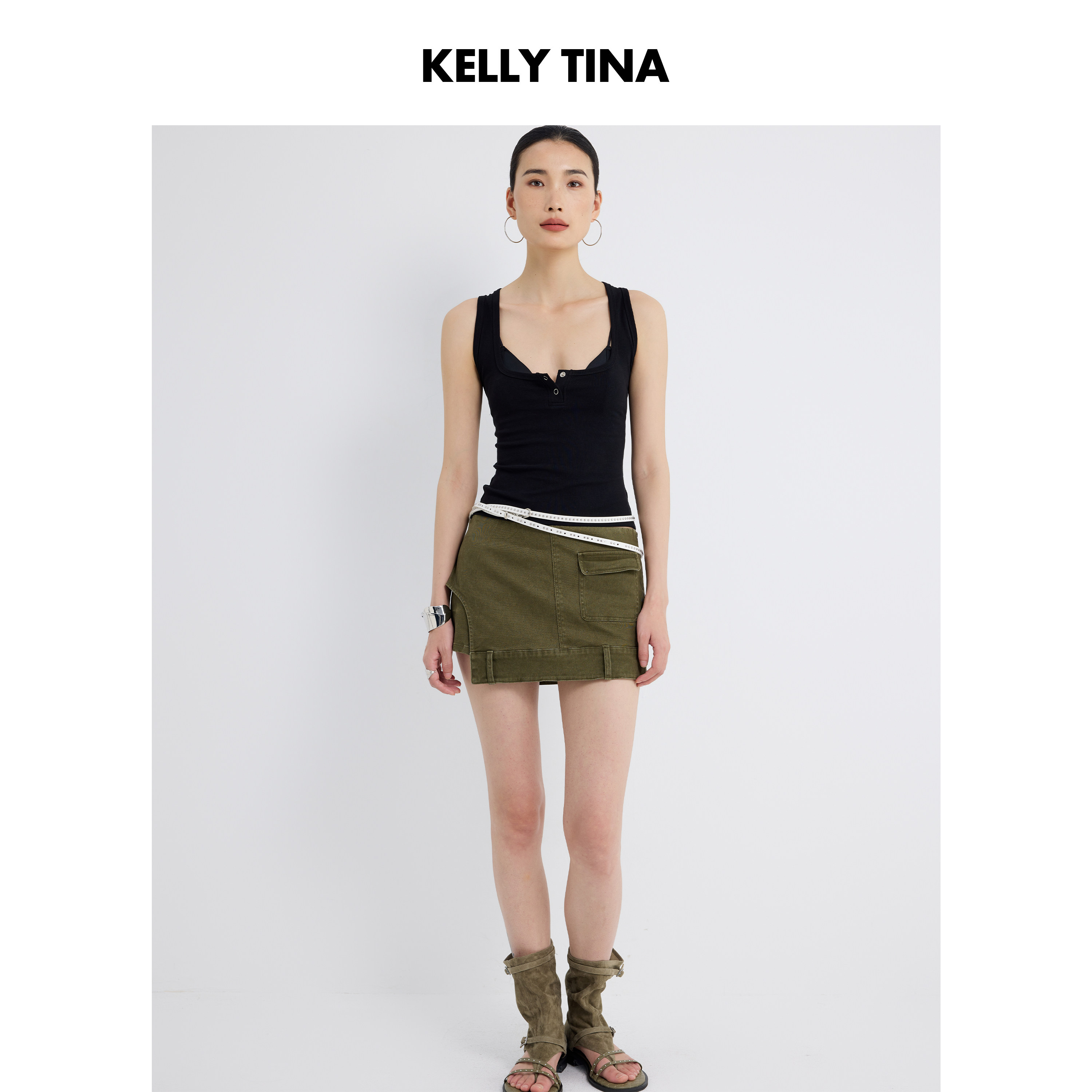 KELLY TINA 工装风酵洗军绿铆钉腰带裙裤2026春夏新款不规则半裙a