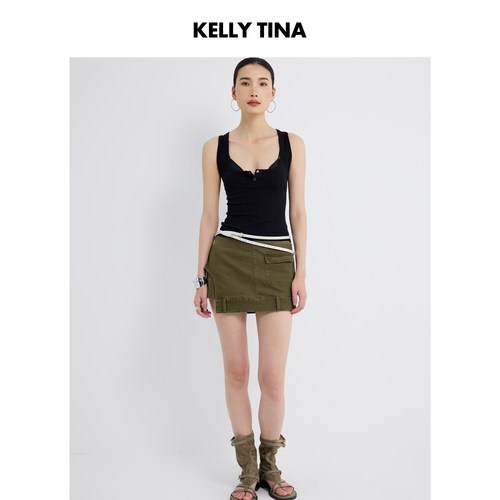 KELLYTINA军绿工装铆钉半裙