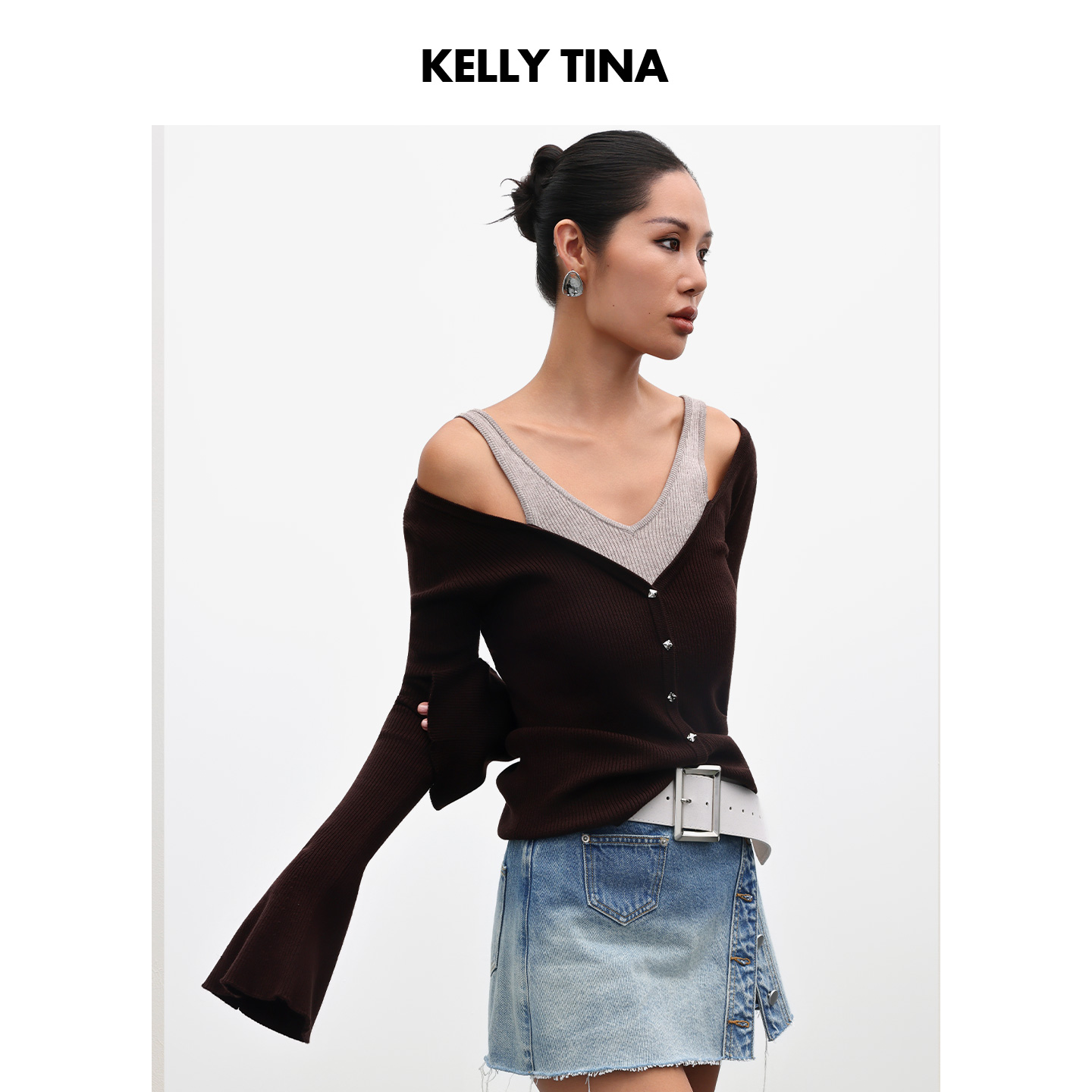 KELLY TINA 初秋必备V领针织衫女上衣女法式高级感棕色假两件开衫