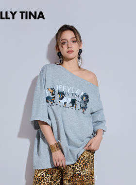 KELLY TINA毛茸系列T恤女斜肩夏季新款凉感灰色印花狗狗T宽松显瘦
